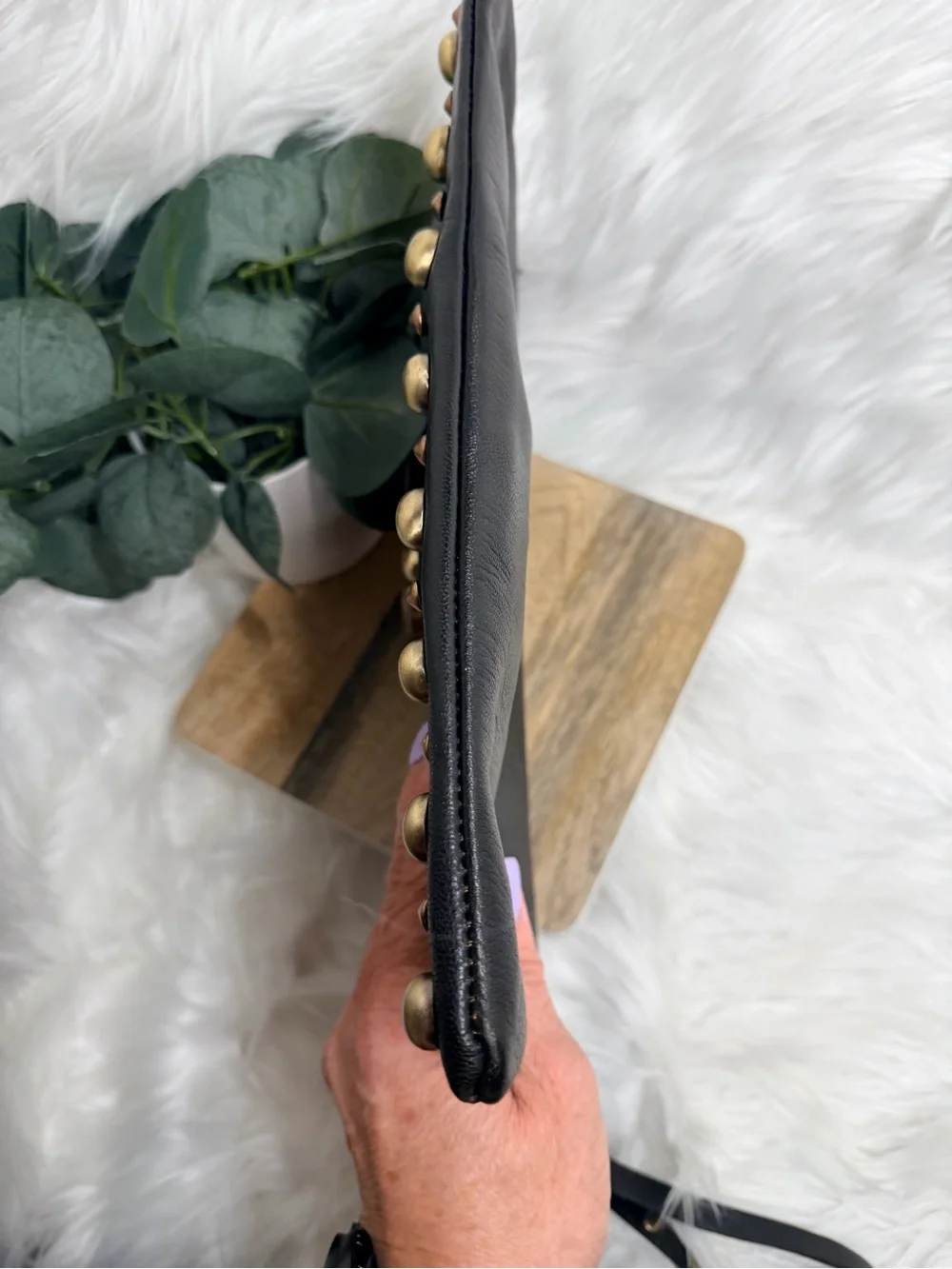 Black Studded Leather Wristlet Clutch with Decorative Centerpiece